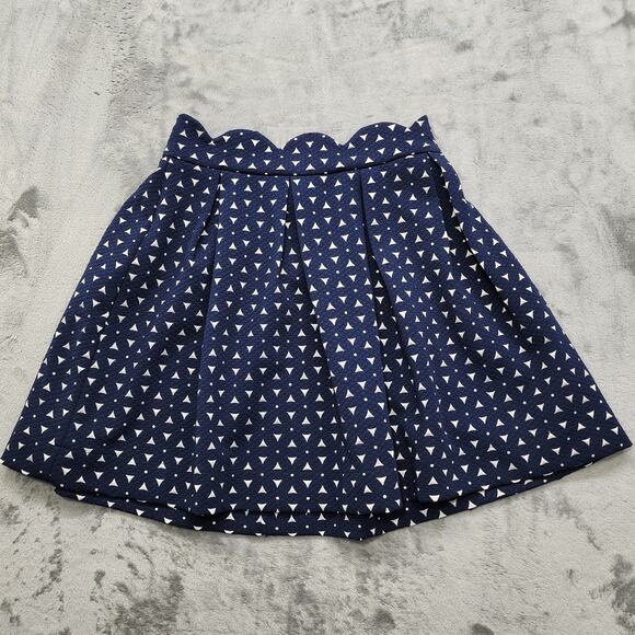 Alya Skirt Women M Blue White Geometric Triangle Scalloped Pleated Mini Back Zip - Picture 1 of 9